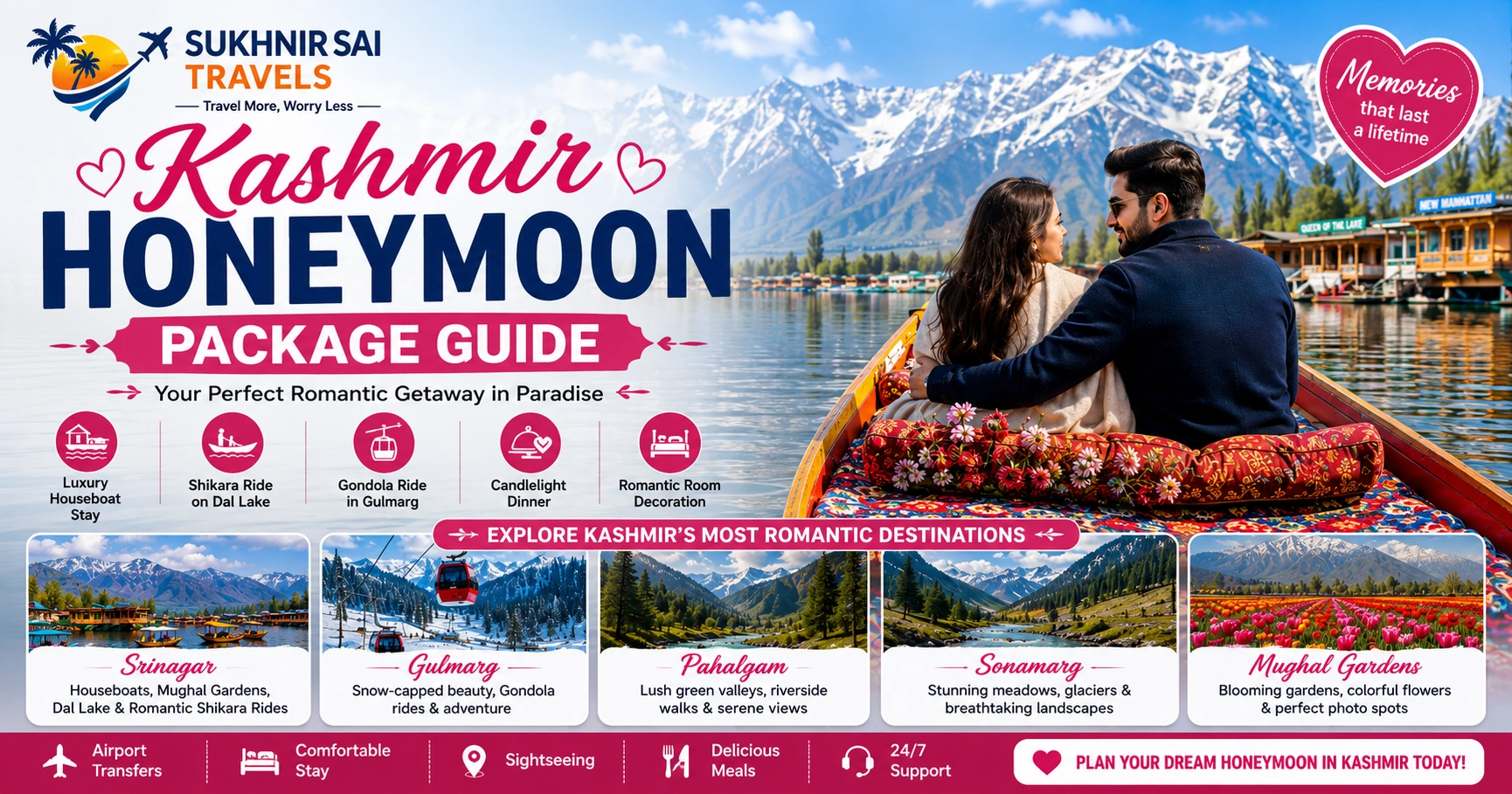 Romantic couple enjoying a Shikara ride on Dal Lake with snow-covered mountains in the background, showcasing a Kashmir honeymoon package guide featuring Srinagar, Gulmarg, Pahalgam, Sonamarg, and Mughal Gardens.